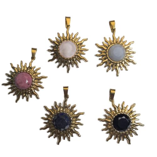 Bijoux Pendentifs en pierres gemmes, Acier inoxydable 304, avec pierre gemme, soleil, Placage de couleur d'or, DIY & différents matériaux pour le choix & facettes, 25x30mm, Vendu par PC
