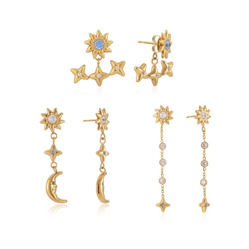 Stainless Steel Drop Earring, with Cubic Zirconia, gold color plated, different styles for choice & for woman, more colors for choice, Sold By Pair