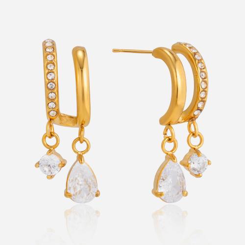 Stainless Steel Drop Earring, with Cubic Zirconia, 18K gold plated, different styles for choice & for woman, more colors for choice, Sold By Pair