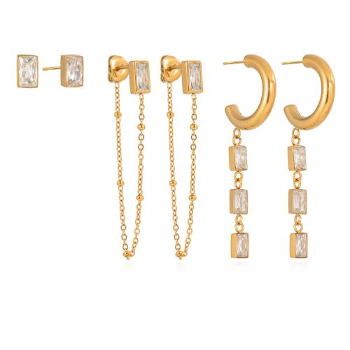 Stainless Steel Drop Earring, with Cubic Zirconia, gold color plated, 6 pieces & for woman, more colors for choice, 3Pairs/Set, Sold By Set