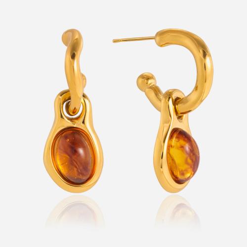 Stainless Steel Drop Earring, with Resin, gold color plated, for woman, amber, Sold By Pair