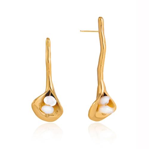 Süßwasserperlen Ohrringe, Edelstahl, mit Natürliche kultivierte Süßwasserperlen, 18K vergoldet, für Frau, weiß, verkauft von Paar