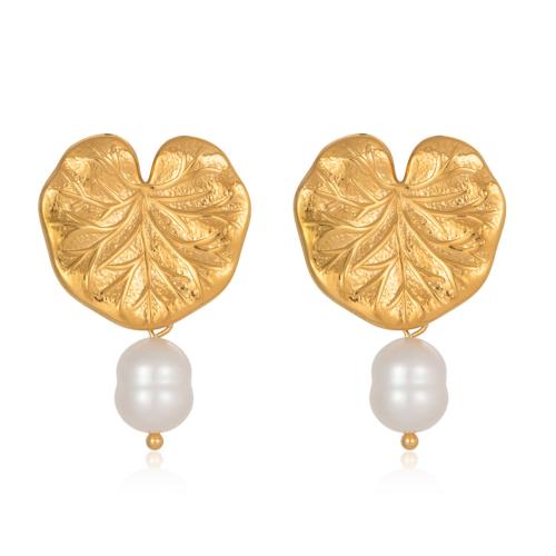 Süßwasserperlen Ohrringe, Edelstahl, mit Natürliche kultivierte Süßwasserperlen, Lotos-Blatt, goldfarben plattiert, für Frau, weiß, 22.70x33.90mm, verkauft von Paar