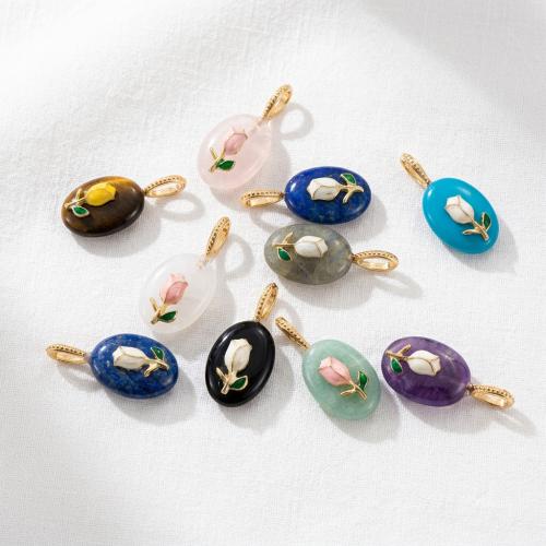 Gemstone Pendants Jewelry, with Brass, Flat Oval, DIY & different materials for choice & with flower pattern & enamel, 13x27mm, Sold By PC