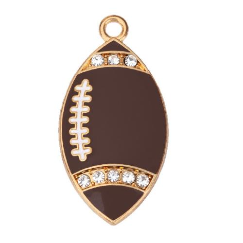 Tibetan Style Enamel Pendants, Rugby Ball, gold color plated, DIY & with rhinestone, dark brown, 18x35mm, Sold By PC