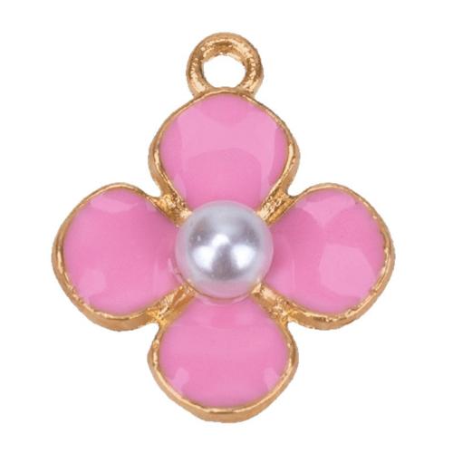 Tibetan Style Enamel Pendants, with Plastic Pearl, Flower, gold color plated, DIY, pink, 17x20mm, Sold By PC