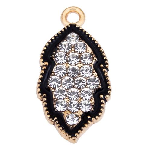 Tibetan Style Rhinestone Pendants, Leaf, gold color plated, DIY & enamel & with rhinestone, black, 12x23mm, Sold By PC