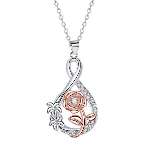 Brass Necklace, with 304 Stainless Steel Chain, with 5cm extender chain, Rose, plated, cross chain & Mother Day Jewelry & micro pave cubic zirconia & for woman, Length:Approx 45 cm, Sold By PC