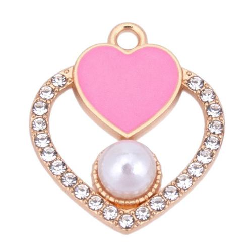 Tibetan Style Enamel Pendants, with Plastic Pearl, Heart, plated, DIY & micro pave cubic zirconia, pink, 20x24mm, Sold By PC