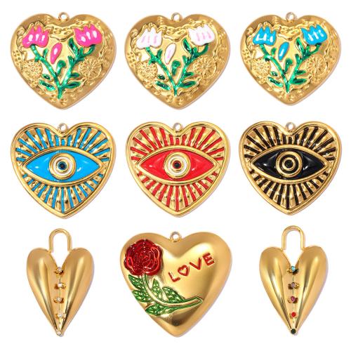 Stainless Steel Heart Pendants, 304 Stainless Steel, gold color plated, DIY & different styles for choice & enamel & with rhinestone, 3PCs/Bag, Sold By Bag