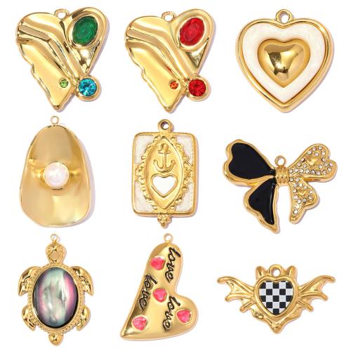 Stainless Steel Pendants, 304 Stainless Steel, with ABS Plastic Pearl & Gemstone & Shell, gold color plated, DIY & different styles for choice & enamel & with rhinestone, 3PCs/Bag, Sold By Bag