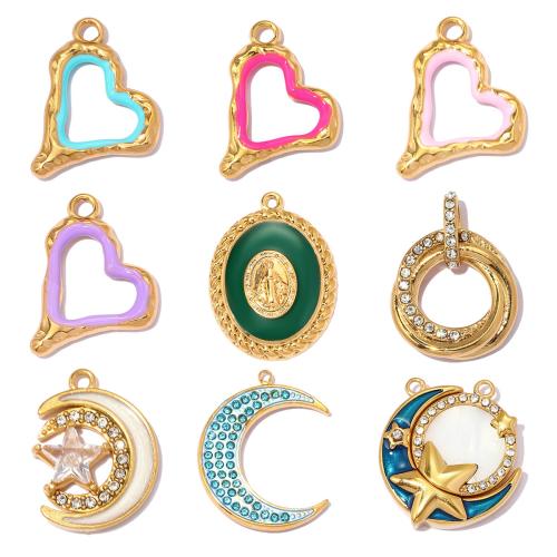 Stainless Steel Pendants, 304 Stainless Steel, with Shell, gold color plated, DIY & different styles for choice & enamel & with rhinestone, 3PCs/Bag, Sold By Bag