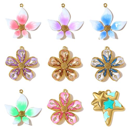 Stainless Steel Flower Pendant, 304 Stainless Steel, plated, DIY & different styles for choice & enamel & with rhinestone, 3PCs/Bag, Sold By Bag