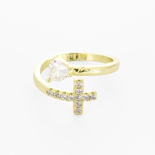 Brass Cuff Finger Ring, Cross, gold color plated, micro pave cubic zirconia & for woman, Sold By PC