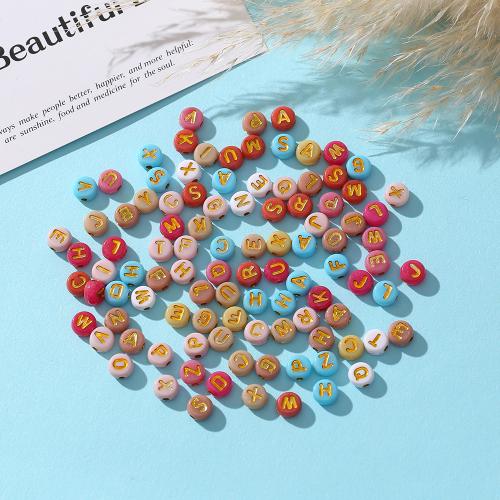 Alphabet Acrylic Beads, Flat Round, mixed pattern & DIY & with letter pattern, more colors for choice, 4x7mm, 500G/Lot, Sold By Lot