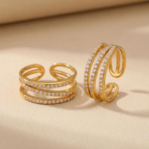 Cubic Zirconia Stainless Steel Finger Ring, 304 Stainless Steel, Vacuum Ion Plating, adjustable & micro pave cubic zirconia & for woman, golden, 17x9mm, Sold By PC