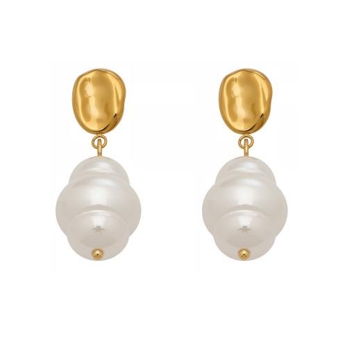 Нержавеющая сталь падение Серьги, нержавеющая сталь, с Пластиковая жемчужина, плакирован золотом, Женский, белый, 13x35mm, продается Пара