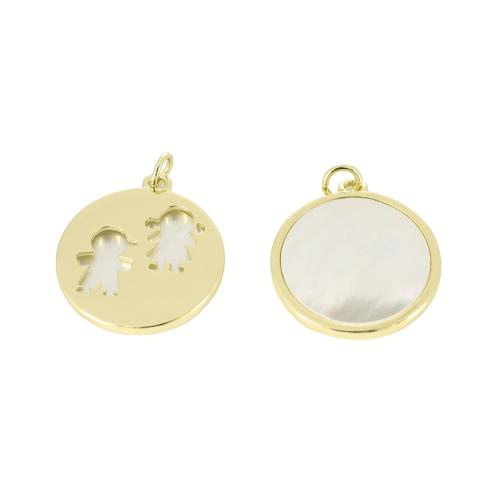 Pendentifs de coquillages blancs naturels, laiton, avec coquille blanche, Plat rond, Placage de couleur d'or, DIY & creux, 26x21x2mm, Vendu par PC