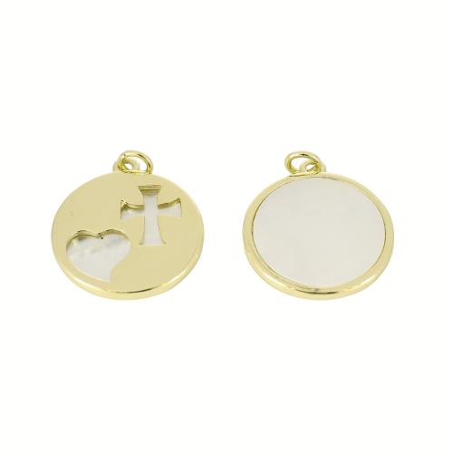 Pendentifs de coquillages blancs naturels, laiton, avec coquille blanche, Plat rond, Placage de couleur d'or, DIY & creux, 26x21x2mm, Vendu par PC