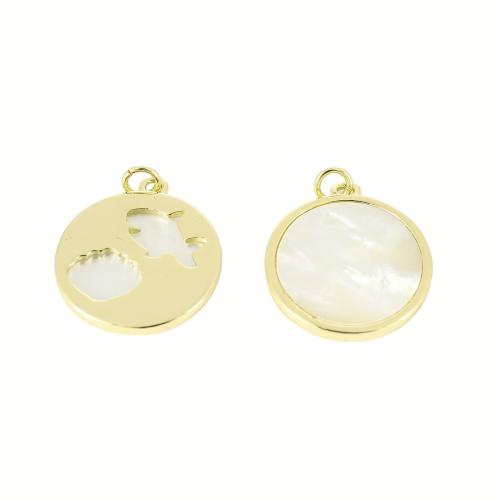 Pendentifs de coquillages blancs naturels, laiton, avec coquille blanche, Plat rond, Placage de couleur d'or, DIY & creux, 26x21x2mm, Vendu par PC