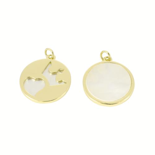 Pendentifs de coquillages blancs naturels, laiton, avec coquille blanche, Plat rond, Placage de couleur d'or, DIY & creux, 26x21x2mm, Vendu par PC