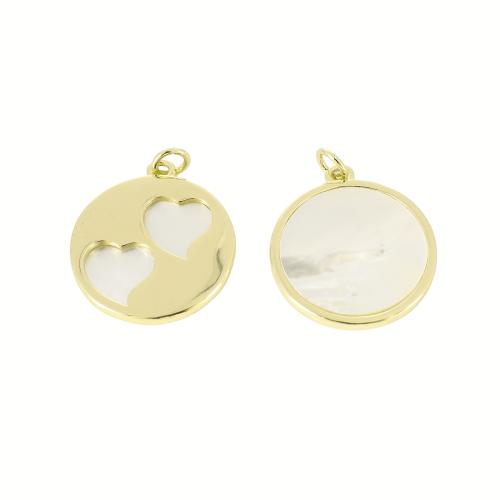 Natural White Shell Pendants, Brass, with White Shell, Flat Round, gold color plated, DIY & hollow, 26x21x2mm, Sold By PC