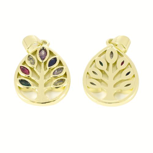 Cubic Zirconia Micro Pave Brass Pendant, Tree, gold color plated, DIY & micro pave cubic zirconia & hollow, 27x16x2mm, Sold By PC