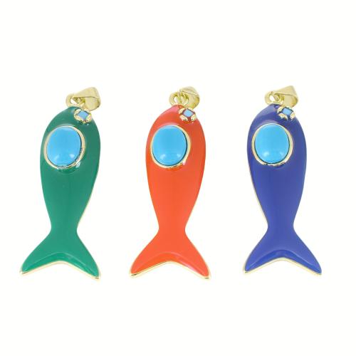 Brass Jewelry Pendants, with Gemstone, Fish, plated, DIY & enamel, more colors for choice, 47x13x14mm, Sold By PC