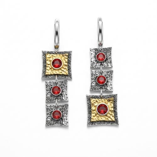 Tibetan Style Drop Earrings, Square, plated, vintage & fashion jewelry & for woman & with rhinestone, red, nickel, lead & cadmium free, 56mm, Sold By Pair
