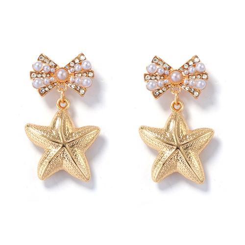 Tibetan Style Drop Earrings, with Plastic Pearl, gold color plated, fashion jewelry & for woman & with rhinestone, white, 28x49mm, Sold By Pair