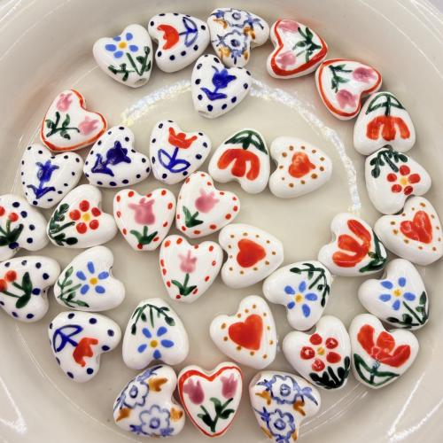 Porcelain Jewelry Beads, Heart, hand drawing, DIY & with flower pattern, more colors for choice, 14x14.50x7mm, Hole:Approx 3mm, 100PCs/Bag, Sold By Bag