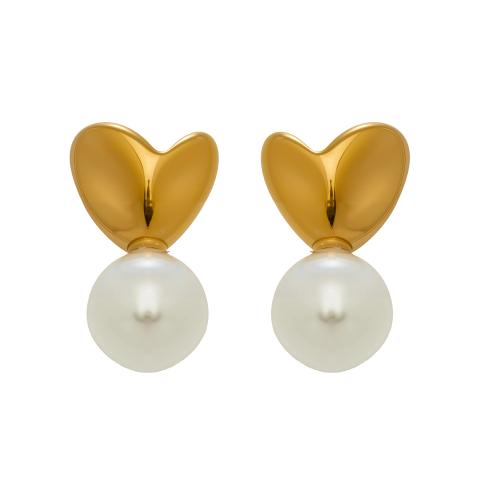 Pendientes de Acero Inoxidable, con Perlas plásticas, chapado en color dorado, Joyería & para mujer, Blanco, 9.40x16.10mm, Vendido por Par