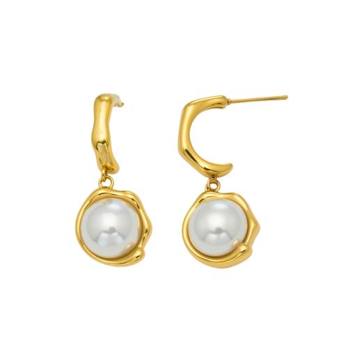 Stainless Steel Drop Earring, with Plastic Pearl, gold color plated, fashion jewelry & for woman, white, 13x32mm, Sold By Pair