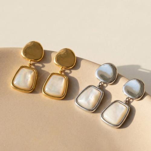 Stainless Steel Drop Earring, with White Shell, plated, fashion jewelry & for woman, more colors for choice, 12x28mm, Sold By Pair