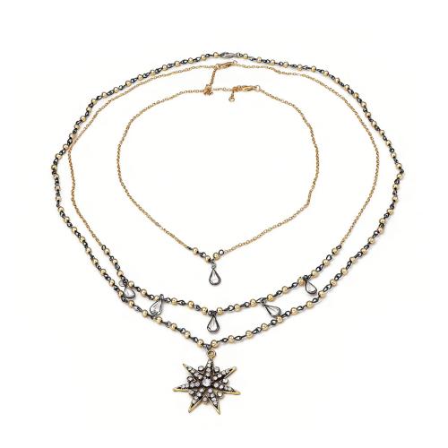 Multi Layer Necklace, Tibetan Style, plated, three pieces & fashion jewelry & for woman & with rhinestone, golden, 3Strands/Set, Sold By Set
