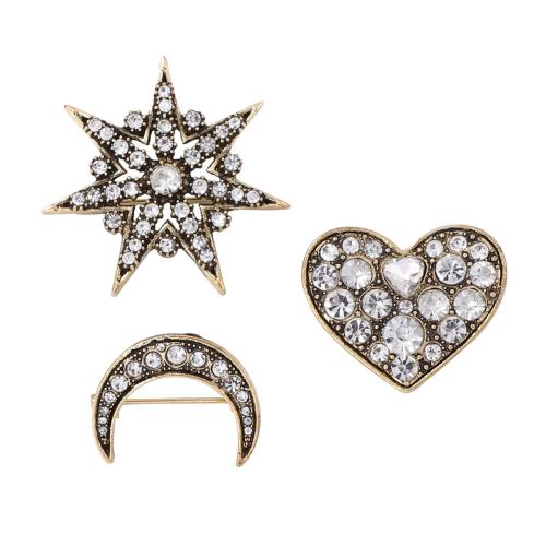 Broches de Diamantes de Imitación, aleación de zinc, chapado en color dorado antiguo, tres piezas & Joyería & para mujer & con diamantes de imitación, 3PCs/Set, Vendido por Set