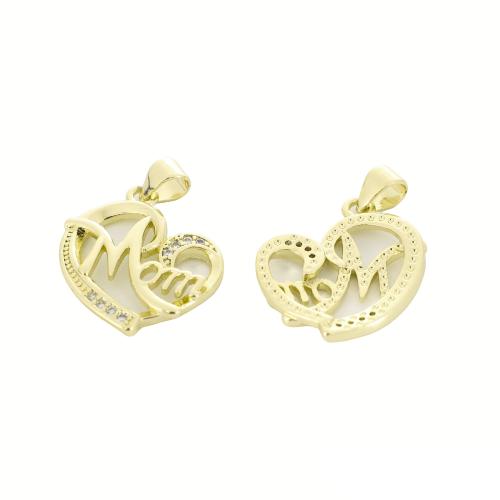 Cubic Zirconia Micro Pave Brass Pendant, Heart, gold color plated, DIY & with letter pattern & micro pave cubic zirconia & hollow, 26x19x2mm, Sold By PC