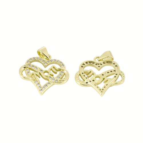 Cubic Zirconia Micro Pave Brass Pendant, Heart, gold color plated, DIY & with letter pattern & micro pave cubic zirconia, 24x20x3mm, Sold By PC
