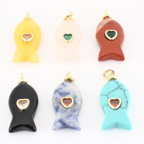 Gemstone Pendants Jewelry, Brass, with Gemstone, Fish, DIY & with rhinestone, more colors for choice, 30x12x5mm, Sold By PC