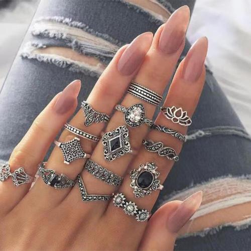 Tibetan Style Ring Set, plated, 15 pieces & vintage & for woman & with rhinestone, silver color, Sold By Set