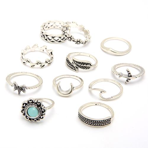 Tibetan Style Ring Set, with Gemstone, plated, eleven pieces & vintage & for woman & hollow, Sold By Set