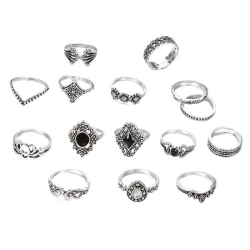 Tibetan Style Ring Set, plated, 15 pieces & vintage & for woman & with rhinestone, more colors for choice, Sold By Set