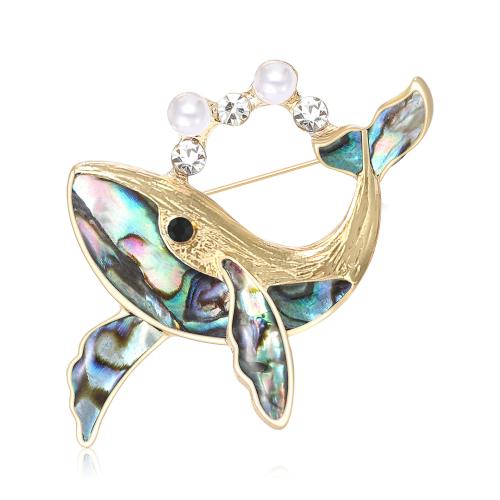 Abalone Shell Brooch, with Plastic Pearl & Tibetan Style, Whale, gold color plated, fashion jewelry & Unisex & with rhinestone, 41x34mm, Sold By PC