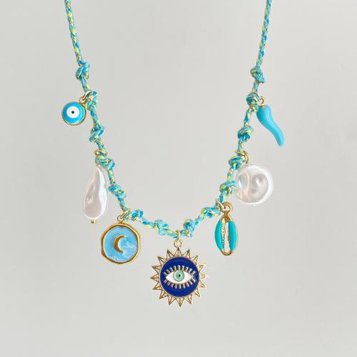 304 Stainless Steel Necklace, with Polyester & Resin & Plastic Pearl, with 5cm extender chain, plated, fashion jewelry & different styles for choice & for woman & enamel, Length:Approx 45 cm, Sold By PC