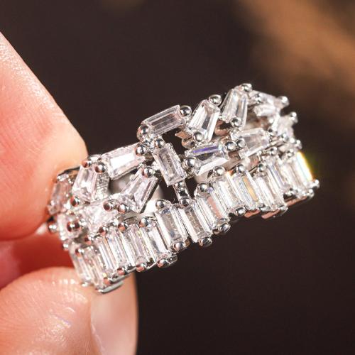 Brass Cuff Finger Ring, Geometrical Pattern, platinum plated, micro pave cubic zirconia & for woman, US Ring Size:6-10, Sold By PC