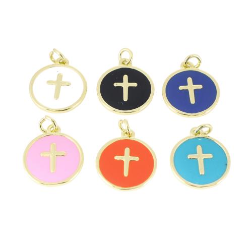 Brass Cross Pendants, Flat Round, gold color plated, DIY & enamel, more colors for choice, 18x13x2mm, Sold By PC