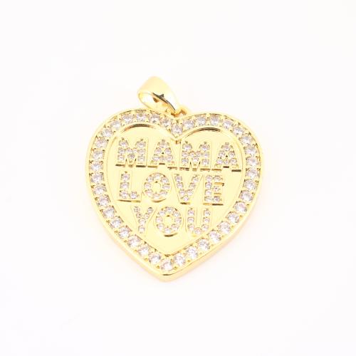 Cubic Zirconia Micro Pave Brass Pendant, Heart, gold color plated, DIY & with letter pattern & micro pave cubic zirconia, 35x28x3mm, Sold By PC