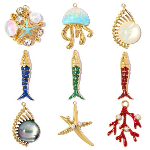 Stainless Steel Animal Pendants, 304 Stainless Steel, with ABS Plastic Pearl & Gemstone & Shell, gold color plated, DIY & different styles for choice & enamel & with rhinestone, 3PCs/Bag, Sold By Bag