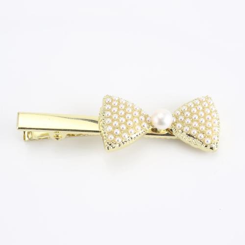 Tibetan Style Alligator Hair Clip, with Freshwater Pearl, Bowknot, gold color plated, fashion jewelry & for woman, 61x19x11mm, Sold By PC