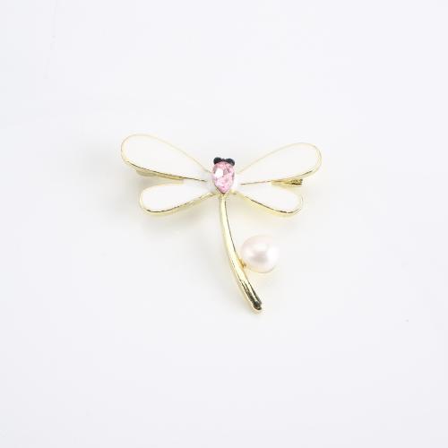 Tibetan Style Brooch, with Freshwater Pearl, Dragonfly, gold color plated, for woman & enamel & with rhinestone, 39x33x8mm, Sold By PC